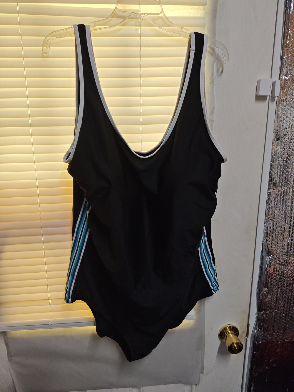 CHLORINE RESISTANT AQUAMORE DEEP TEAL STRIPED SCOOP NECK ONE PIECE SWIMSUIT